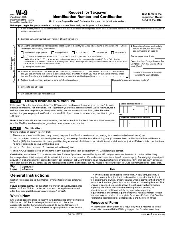 Request for Taxpayer Identification Number and Certification (Form W-9) Form